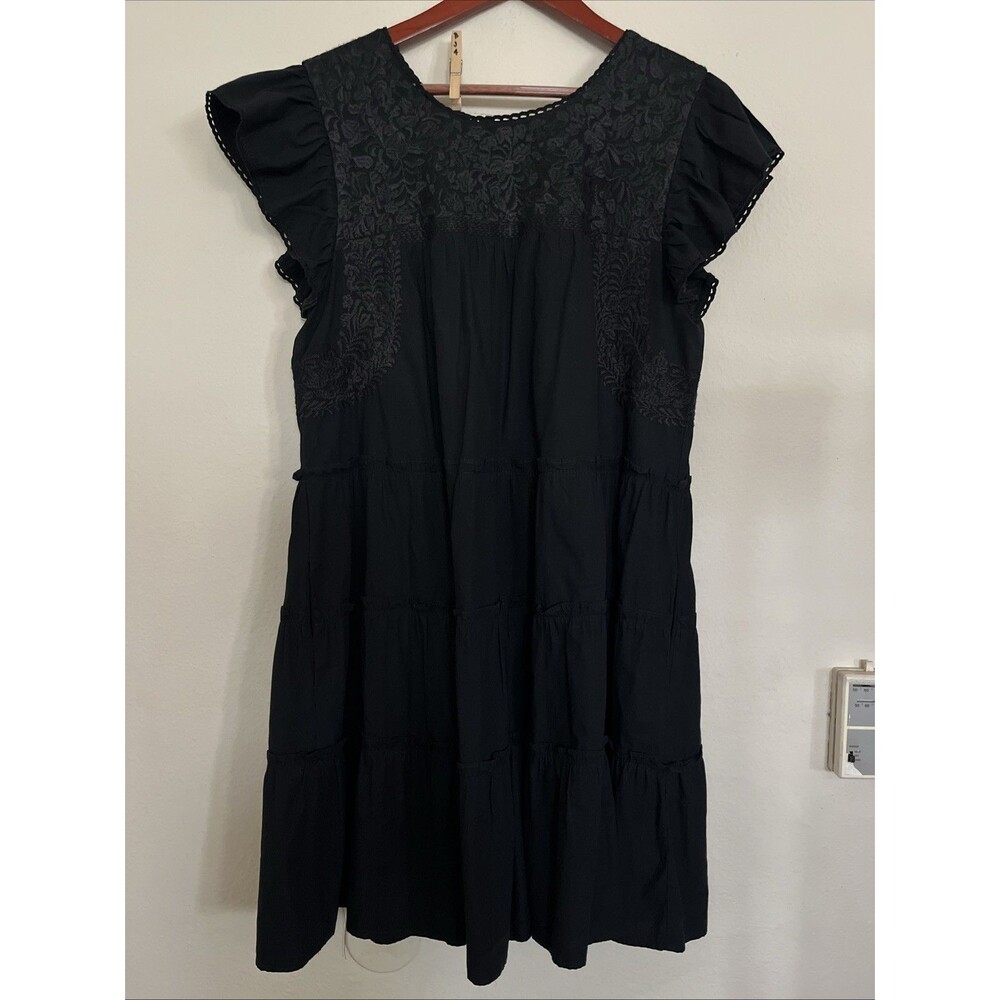 J Marie Women's Embroidered Tiered Flutter Cap Ruffle Sleeve Black Dress SZ L